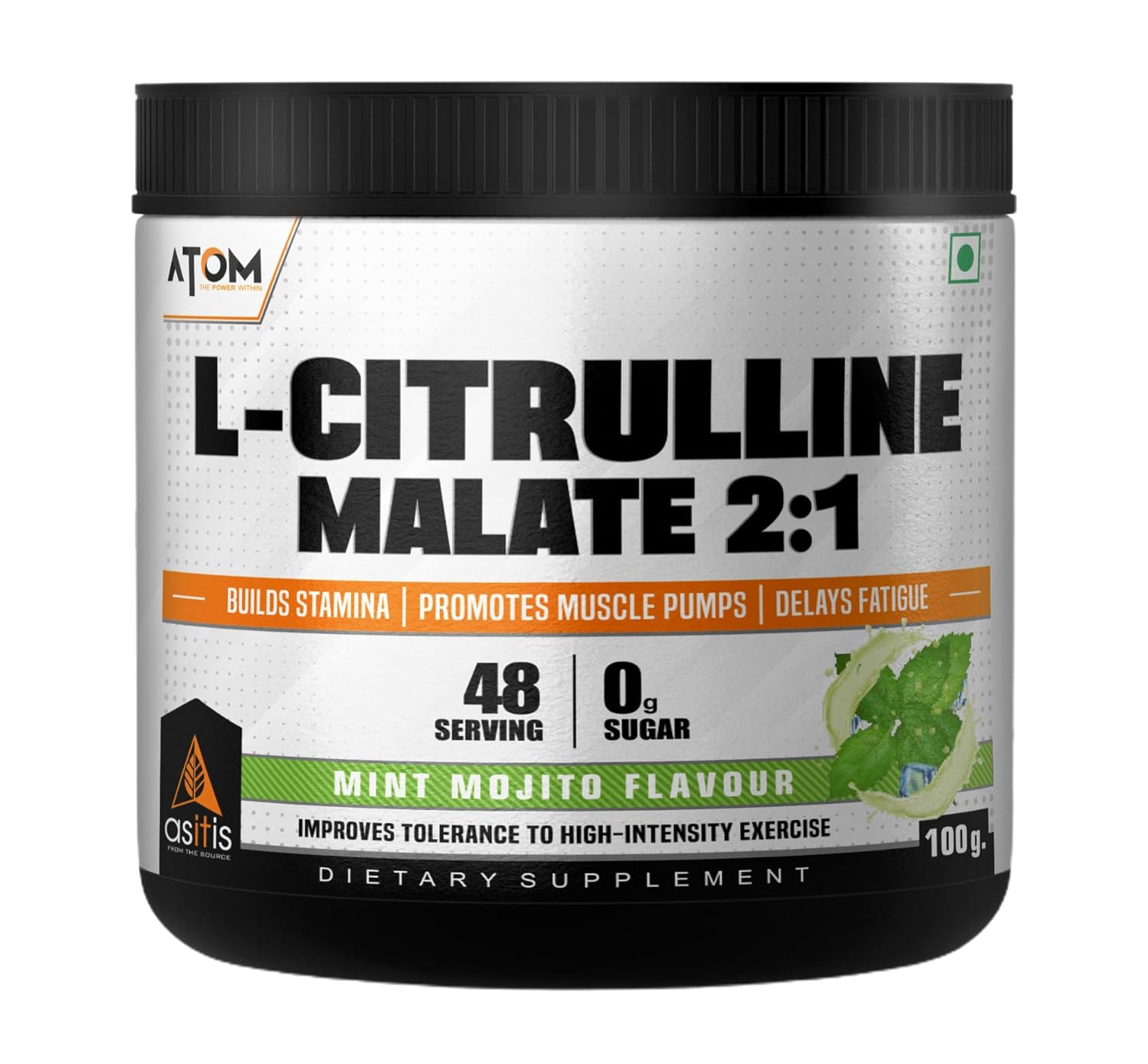 AS-IT-IS ATOM L Citrulline Malate 2:1-100gms | 48 servings | 0 Sugar | Improves Tolerance to High-Intensity Exercise | Builds Stamina | Mint mojito Flavour
