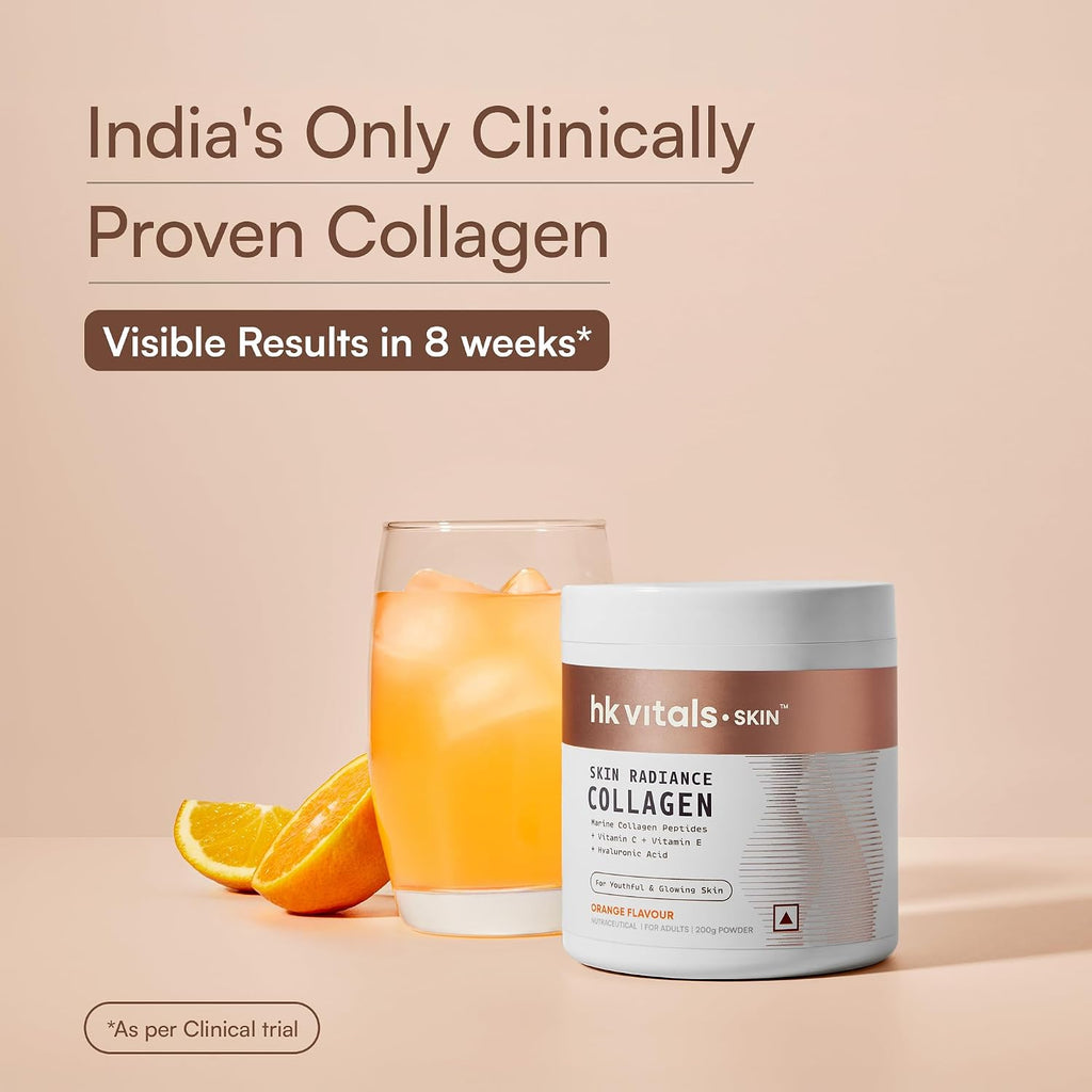 HealthKart HK Vitals स्किन रेडिएशन कोलेजन पाउडर, मरीन कोलेजन (ऑरेंज (नारंगी), 200 g), महिलाओं और पुरुषों के लिए कोलेजन सप्लीमेंट बायोटिन के साथ, विटामिन C, E,