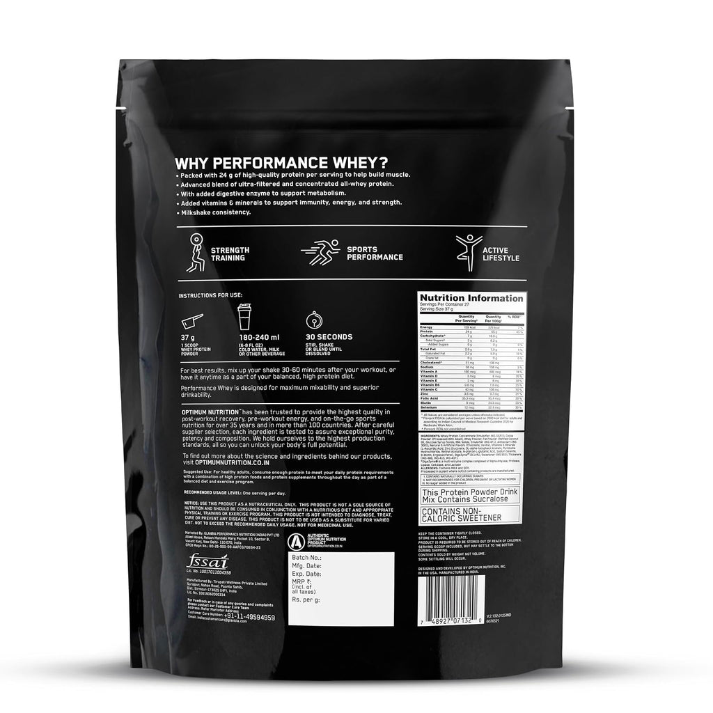 Optimum Nutrition (ON) परफॉरमेंस व्हे प्रोटीन पाउडर, 24g प्रोटीन, 1Kg (चॉकलेट मिल्कशेक), अल्ट्रा-फिल्टर्ड और कॉन्सेंट्रेटेड ऑल-व्हे प्रोटीन