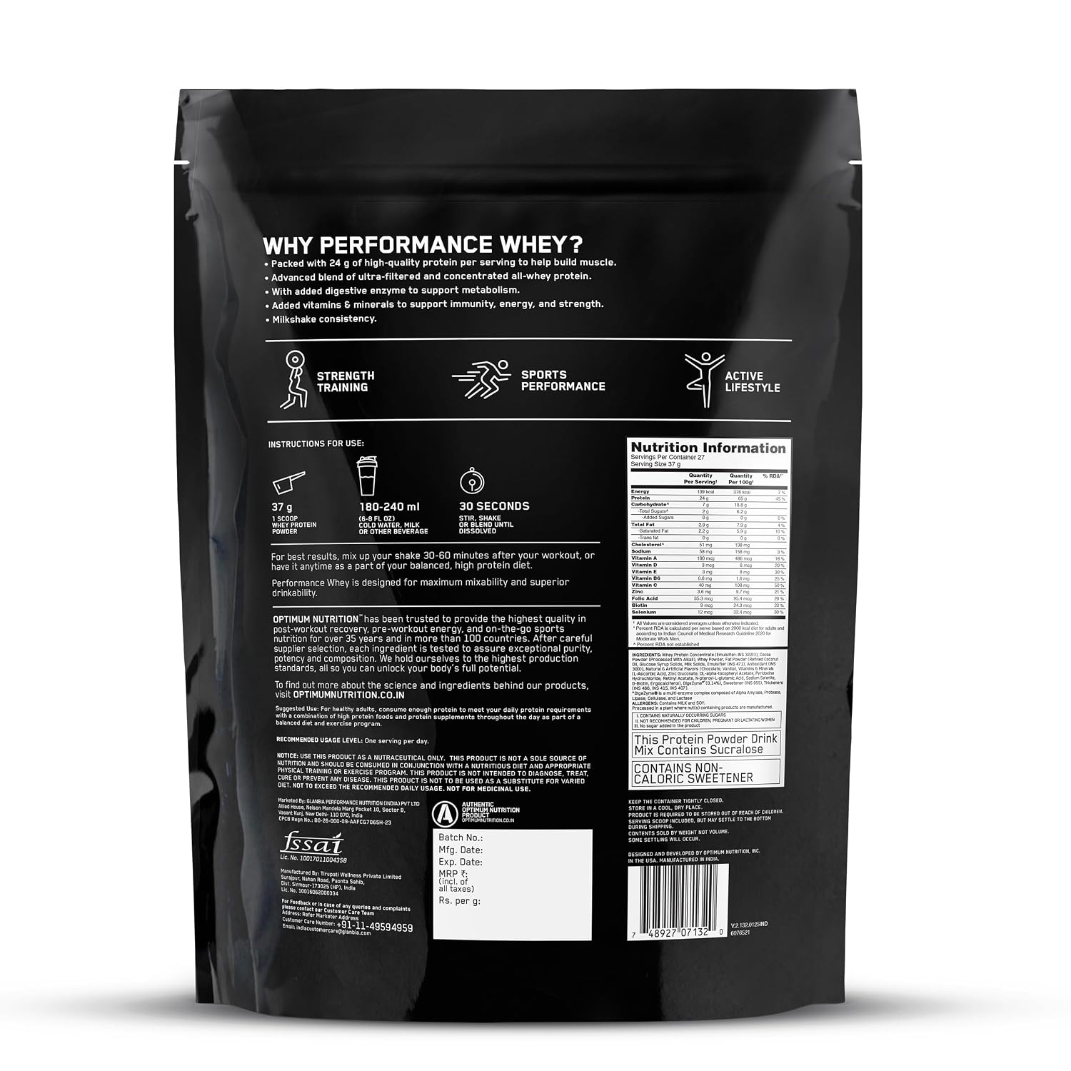 Optimum Nutrition (ON) परफॉरमेंस व्हे प्रोटीन पाउडर, 24g प्रोटीन, 1Kg (चॉकलेट मिल्कशेक), अल्ट्रा-फिल्टर्ड और कॉन्सेंट्रेटेड ऑल-व्हे प्रोटीन