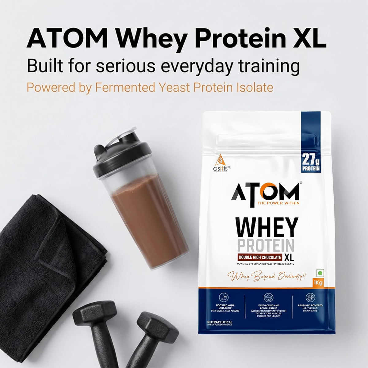 AS-IT-IS ATOM Whey Protein XL - with DigeZyme® & Fermented Yeast Protein I High Absorption, Double Rich Chocolate, 1kg