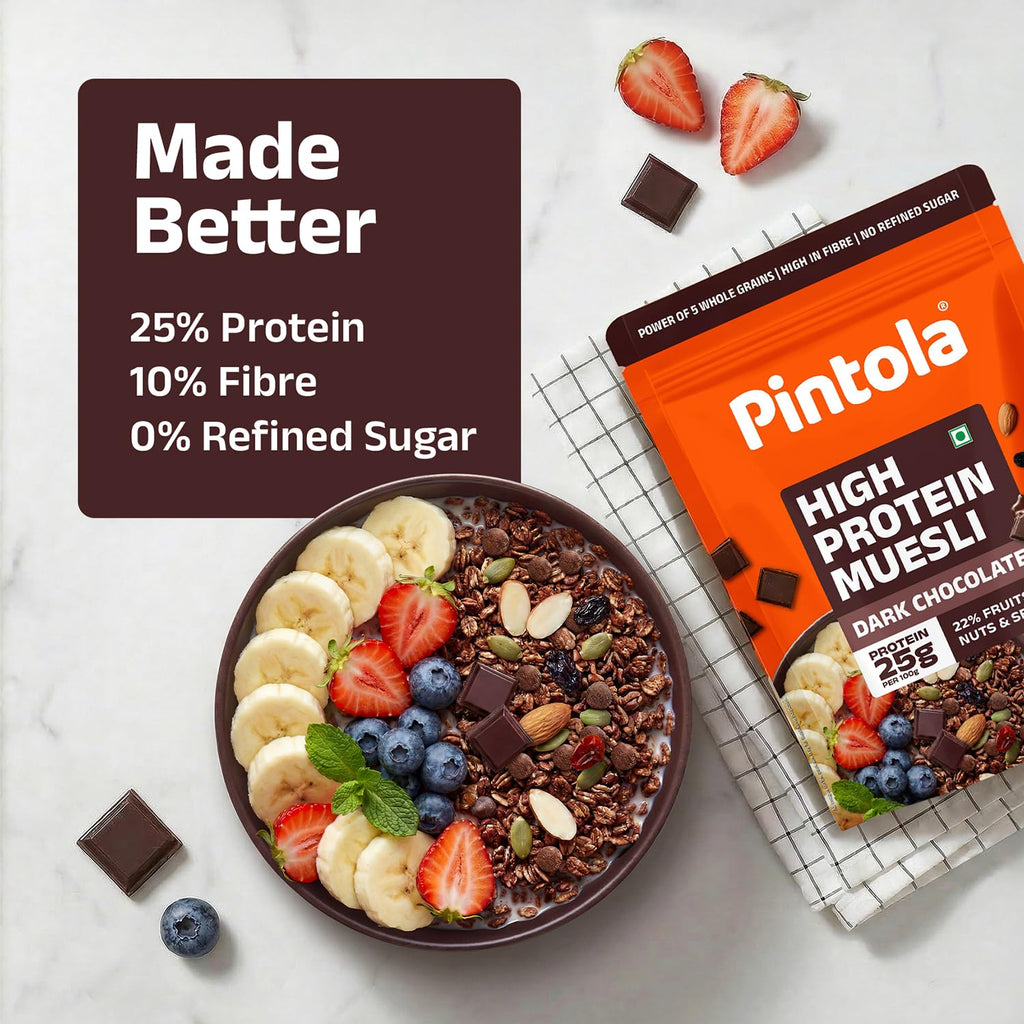Pintola 25g हाई प्रोटीन डार्क चॉकलेट और क्रैनबेरी मूसली 1kg, कोई रिफाइंड शुगर नहीं, ट्रांस फैट फ्री, हाई फाइबर, ग्लूटेन-फ्री, ब्रेकफास्ट अनाज