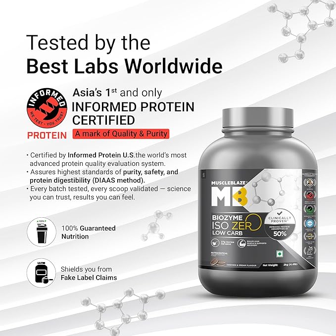 MuscleBlaze Biozyme Iso-Zero व्हे प्रोटीन आइसोलेट पाउडर, 2kg (4.4lbs) | कुकीज़ और क्रीम | स्कूप प्रति 27g व्हे प्रोटीन | USA पेटेंट-प्रकाशित एन्हांस्ड एब्जॉर्प्शन फॉर्मूला (EAF)