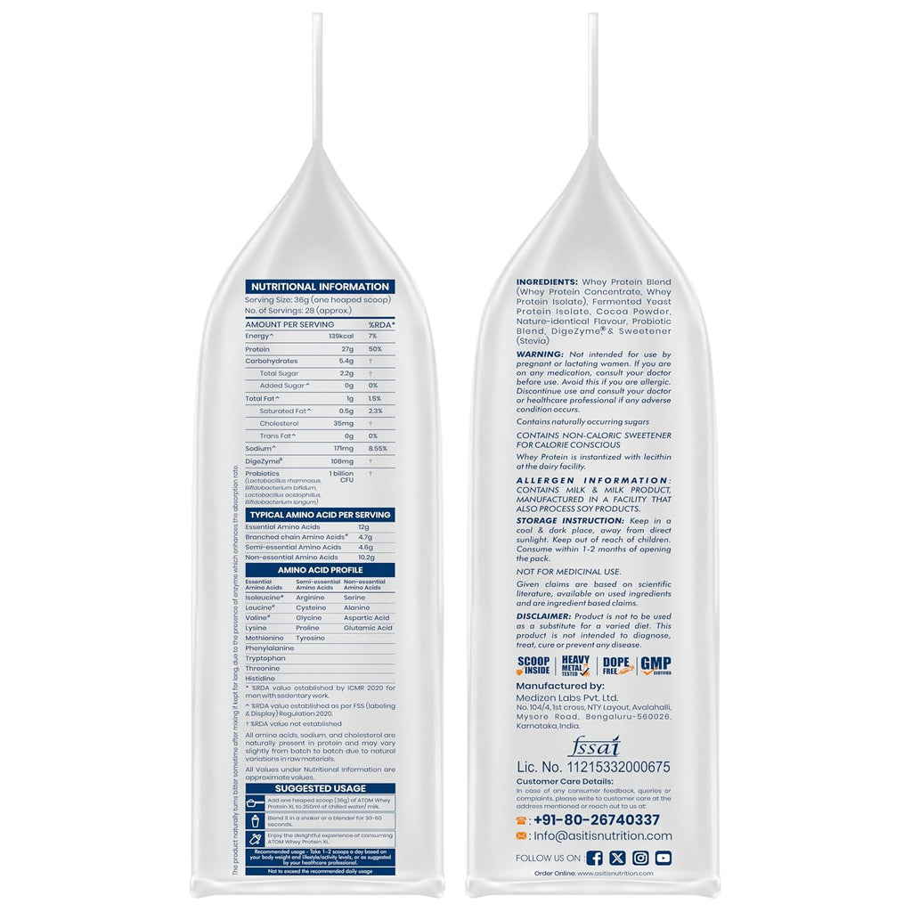 AS-IT-IS ATOM Whey Protein XL - with DigeZyme® & Fermented Yeast Protein I High Absorption, Double Rich Chocolate, 1kg