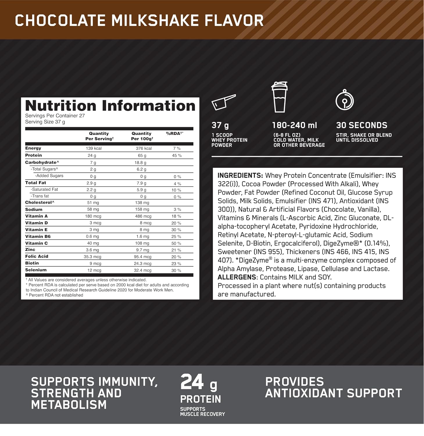Optimum Nutrition (ON) परफॉरमेंस व्हे प्रोटीन पाउडर, 24g प्रोटीन, 1Kg (चॉकलेट मिल्कशेक), अल्ट्रा-फिल्टर्ड और कॉन्सेंट्रेटेड ऑल-व्हे प्रोटीन