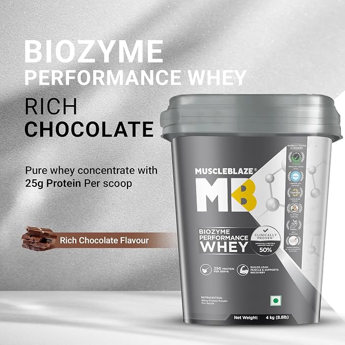 MuscleBlaze Biozyme प्रदर्शन व्हे प्रोटीन पाउडर, 4kg (8.8lbs) | रिच चॉकलेट | स्कूप प्रति 25g प्रोटीन | चिकित्सकीय परीक्षण 50% उच्च प्रोटीन अवशोषण