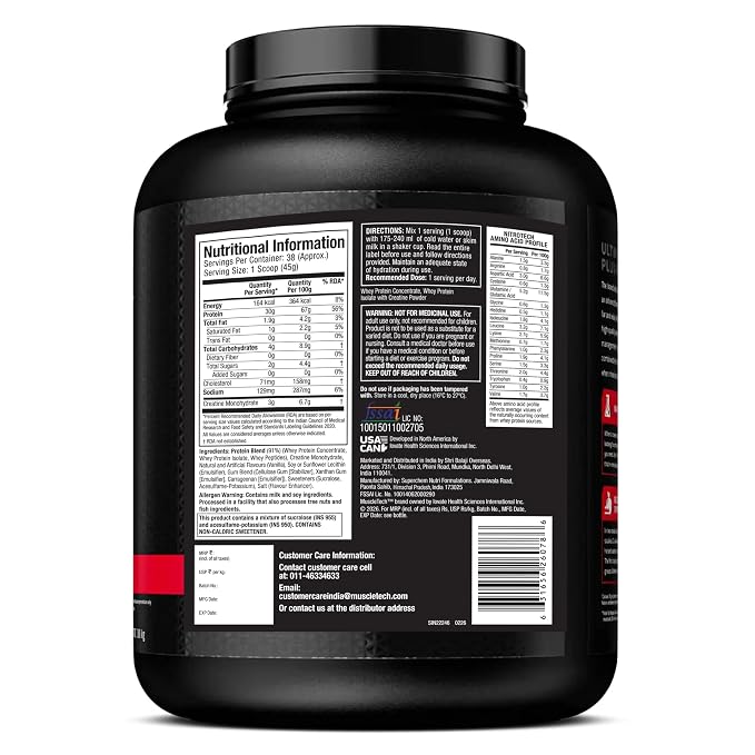 MuscleTech नाइट्रो-टेक व्हे प्रोटीन, 1.72kg (3.8lbs), वेनिला क्रीम, 30g प्रोटीन, 3g क्रिएटिन मोनोहाइड्रेट, 6.7g BCAA, परम मांसपेशी निर्माण सूत्र, शक्ति और प्रदर्शन में वृद्धि