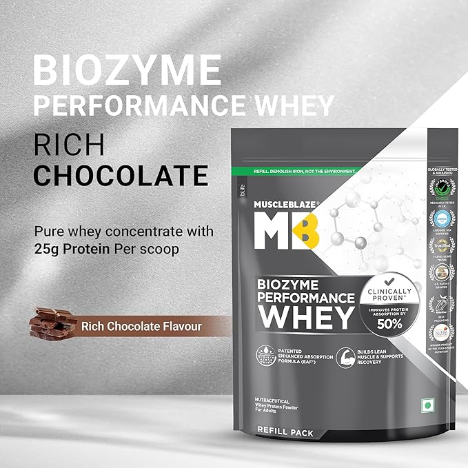 MuscleBlaze Biozyme प्रदर्शन व्हे प्रोटीन  1 kg Rich Chocolate | 25g Protein Per Scoop