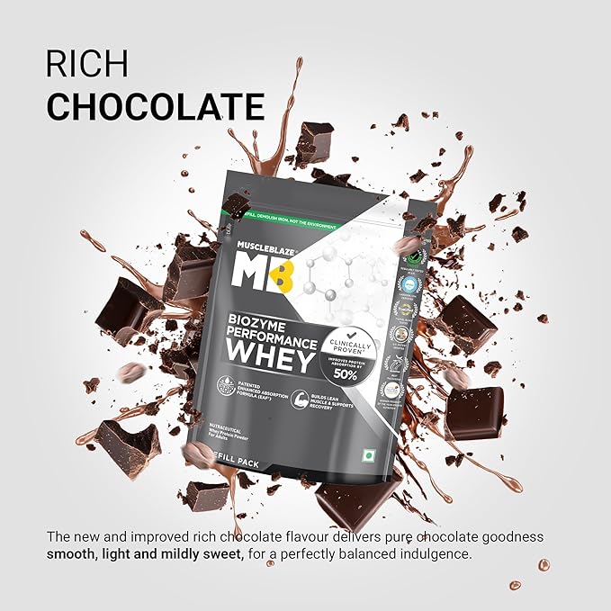 MuscleBlaze Biozyme प्रदर्शन व्हे प्रोटीन  1 kg Rich Chocolate | 25g Protein Per Scoop