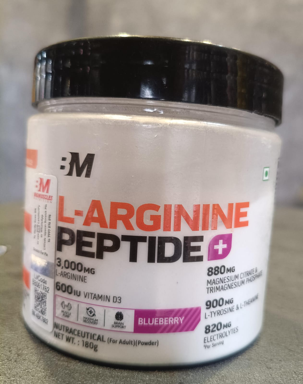 Bigmuscles Nutrition L-Arginine + Peptides [180g, Blueberry] | Arginine Powder with Superior Grade Magnesium, Electrolytes, Tyrosine & Vitamin D3