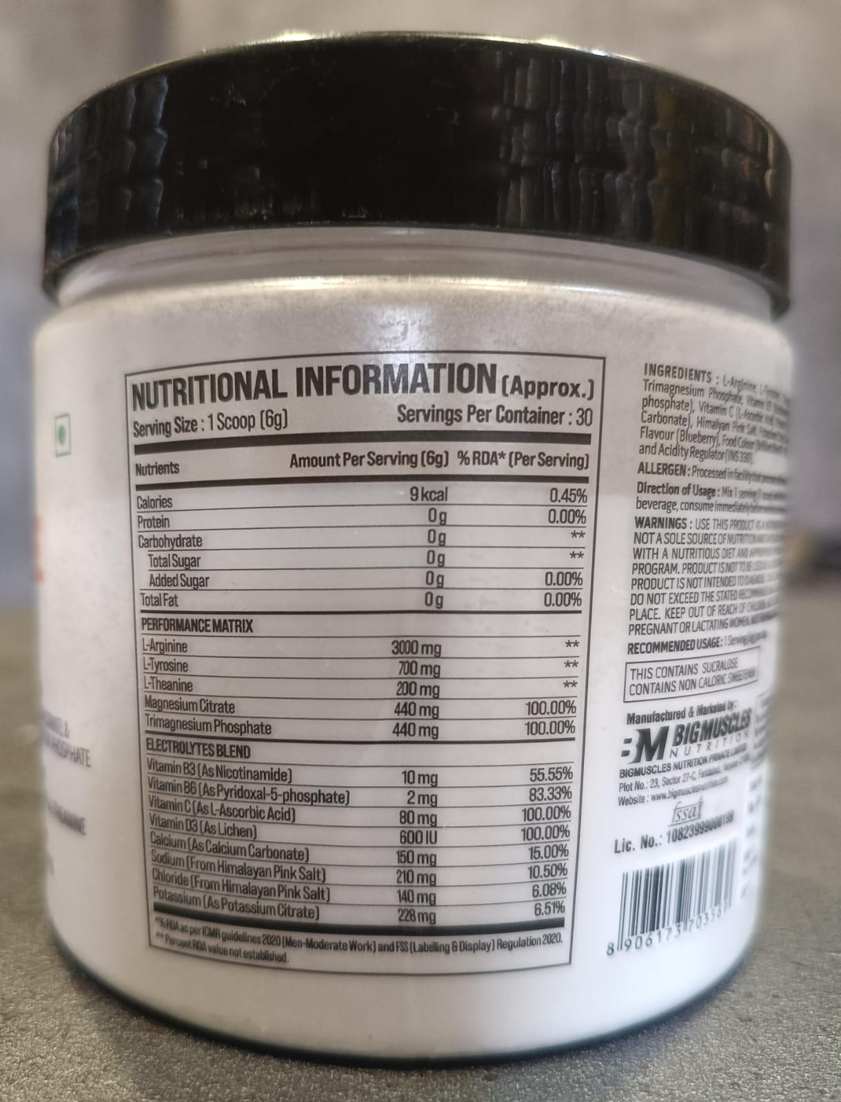 Bigmuscles Nutrition L-Arginine + Peptides [180g, Blueberry] | Arginine Powder with Superior Grade Magnesium, Electrolytes, Tyrosine & Vitamin D3