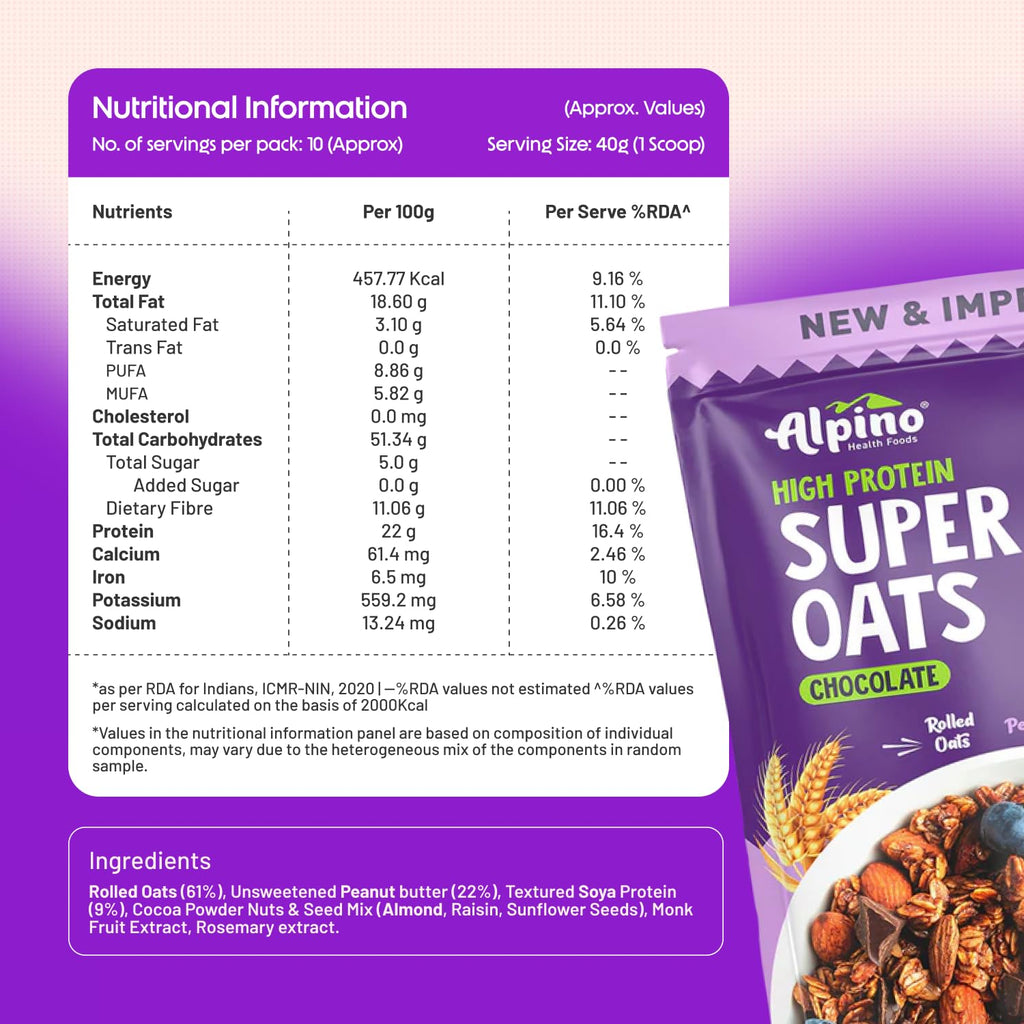 ALPINO High Protein Super Oats Chocolate 22% Protein Rolled Oats,No Added Sugar Pouch (1 kg)