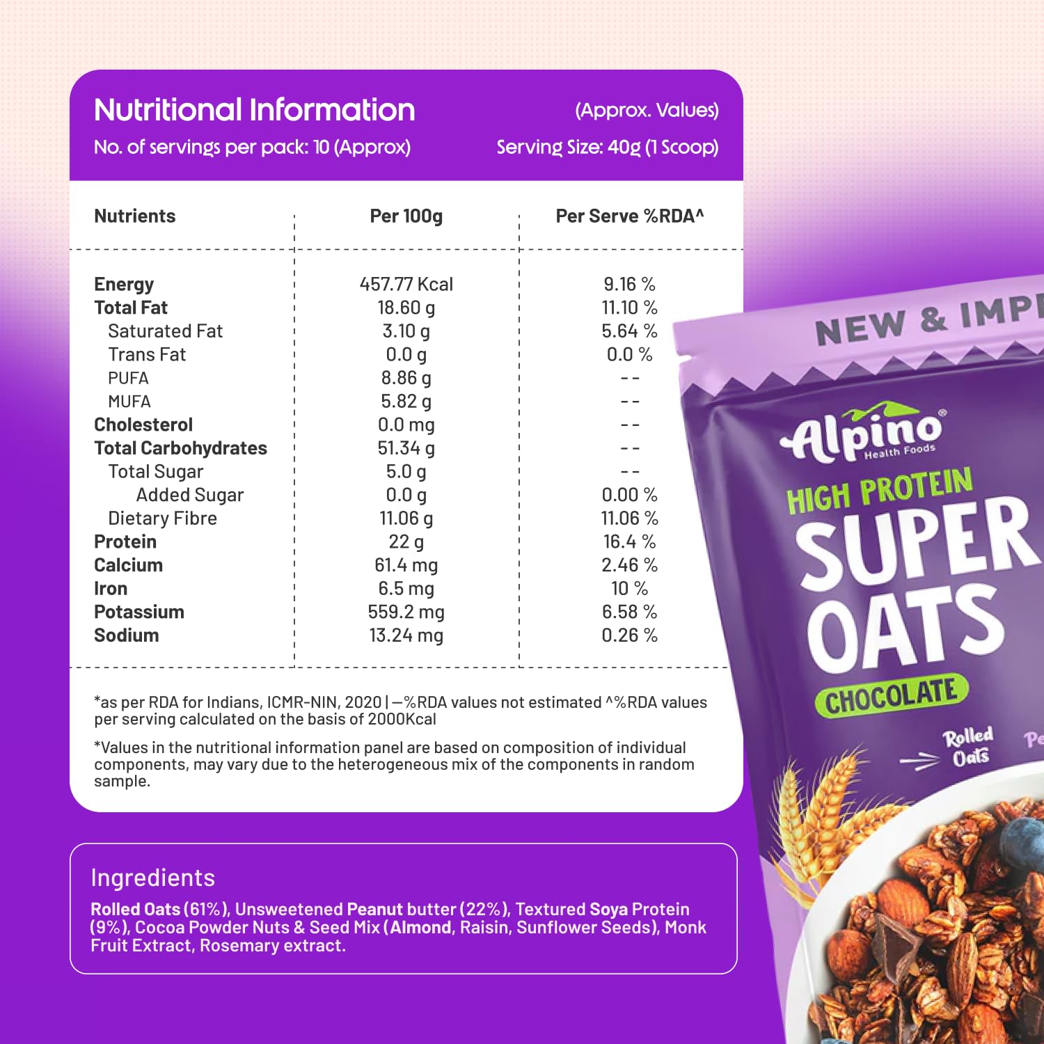 ALPINO High Protein Super Oats Chocolate 22% Protein Rolled Oats,No Added Sugar Pouch (1 kg)
