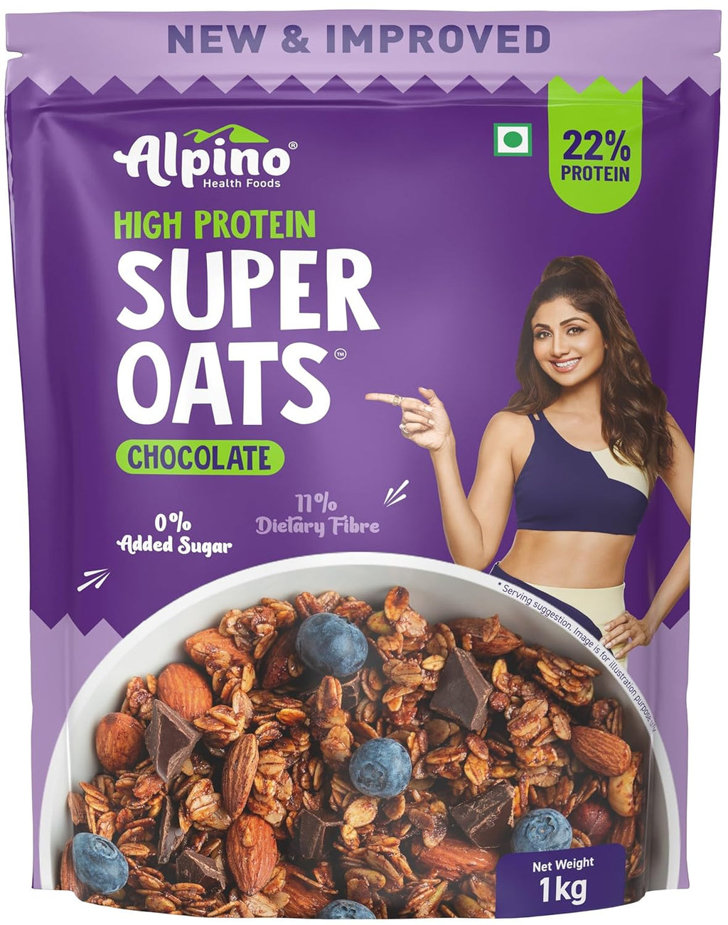 ALPINO High Protein Super Oats Chocolate 22% Protein Rolled Oats,No Added Sugar Pouch (1 kg)
