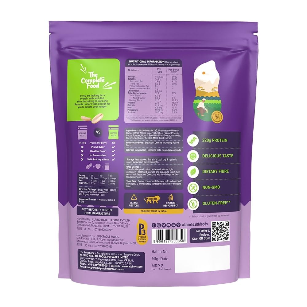ALPINO High Protein Super Oats Chocolate 22% Protein Rolled Oats,No Added Sugar Pouch (1 kg)