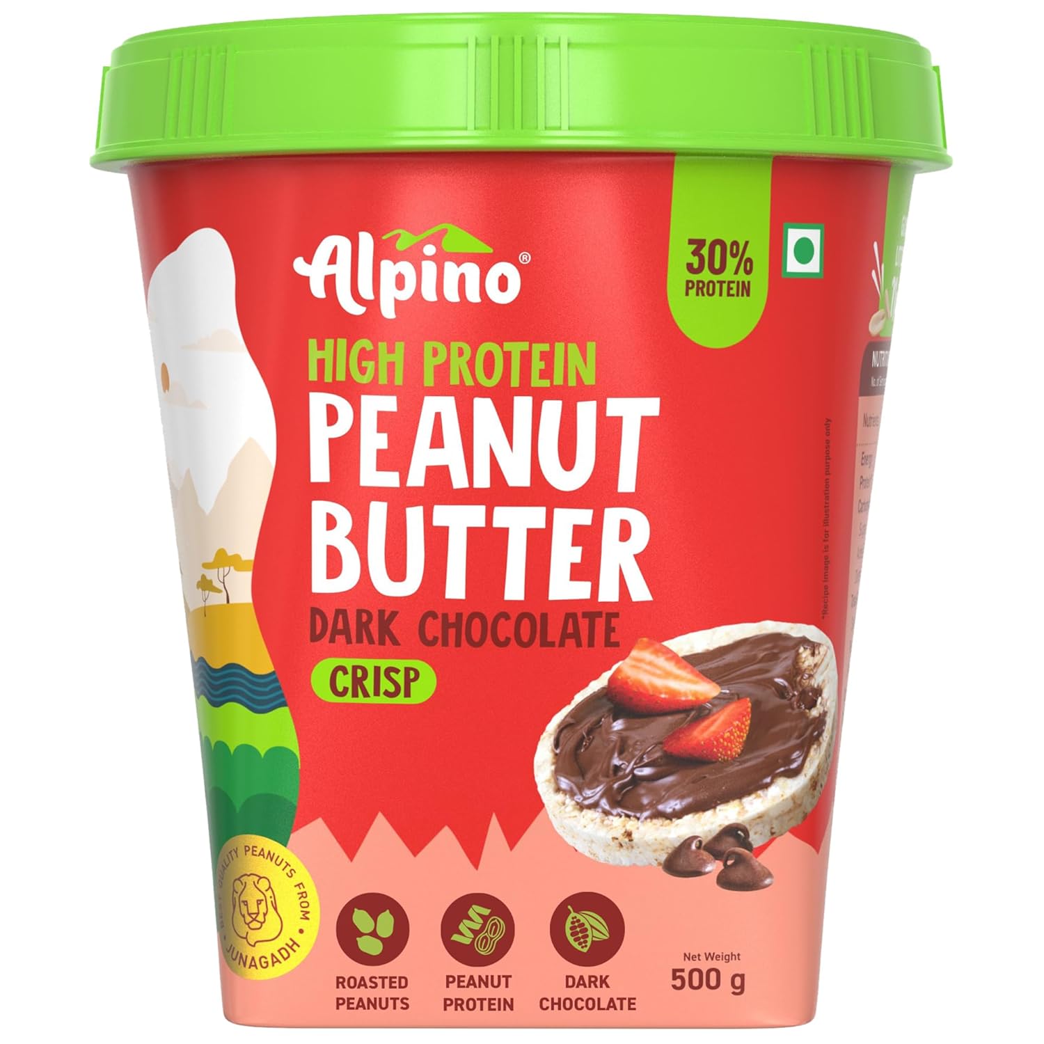 ALPINO 30g High Protein Dark Chocolate Peanut Butter Crisp 500g - Roasted Peanuts, Dark Chocolate, Protein Blend - Source of Healthy Fats & Dietary Fibre.
