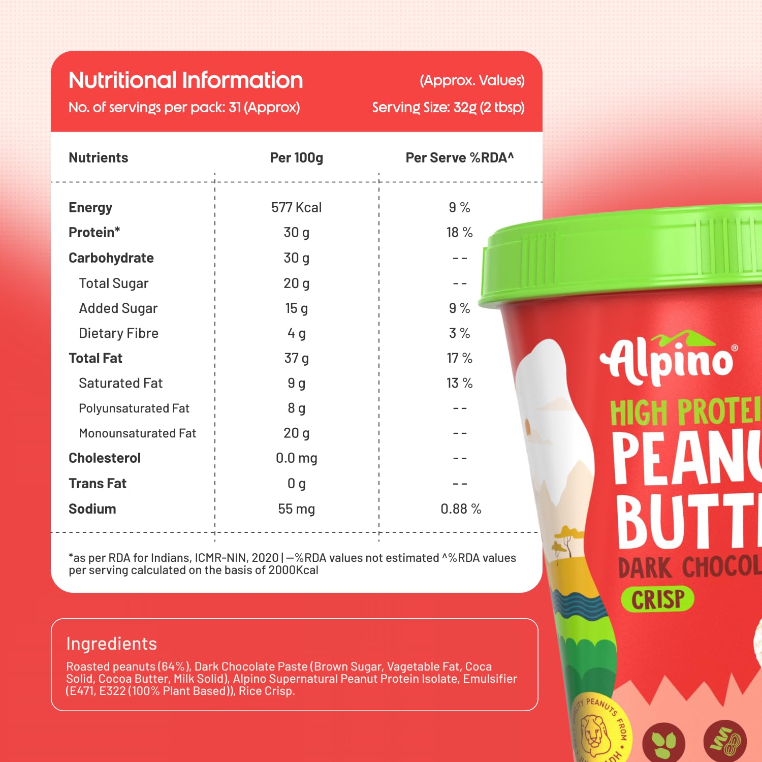 ALPINO 30g High Protein Dark Chocolate Peanut Butter Crisp 500g - Roasted Peanuts, Dark Chocolate, Protein Blend - Source of Healthy Fats & Dietary Fibre.