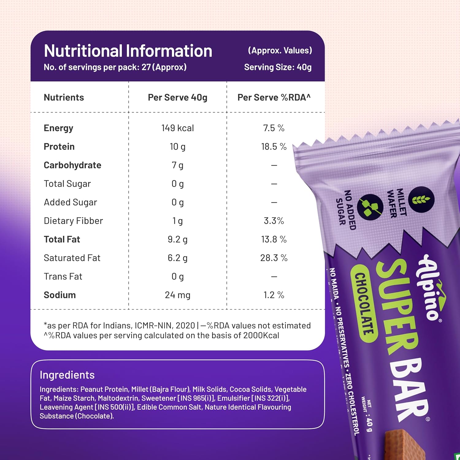 ALPINO 10g High Protein Super Waffer Bar Chocolate 40g