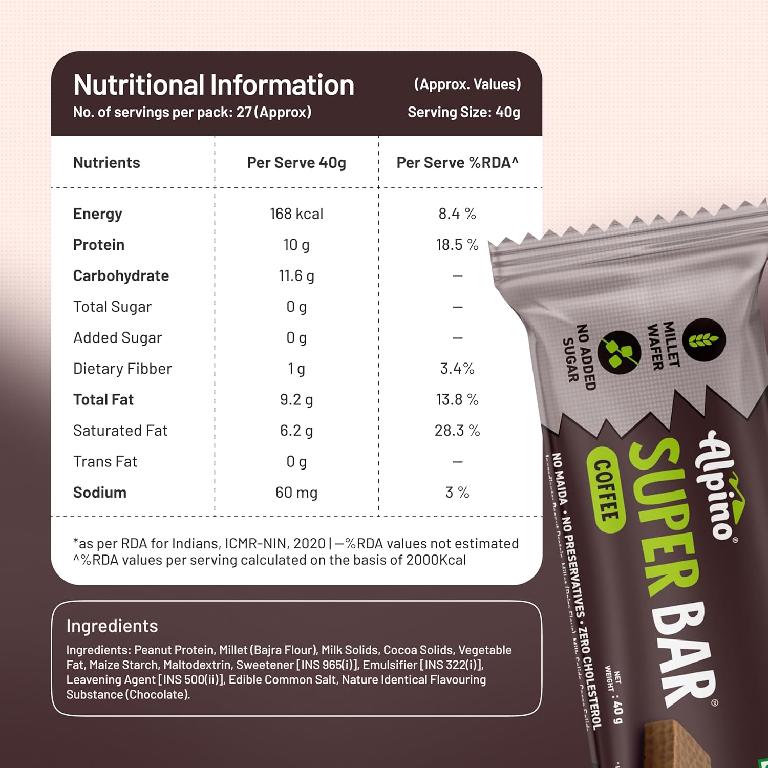 ALPINO 10g High Protein Super Waffer Bar Coffee 40g