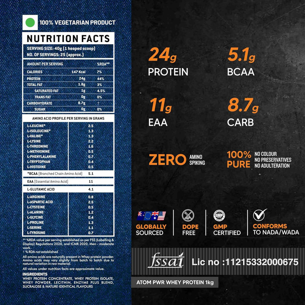 AS-IT-IS ATOM PWR Whey Protein with Enzymes, 24g Protein, 11g EAA, Lean Muscle Gains & Rapid Recovery, Easy Digest, 1Kg Kesar Kulfi