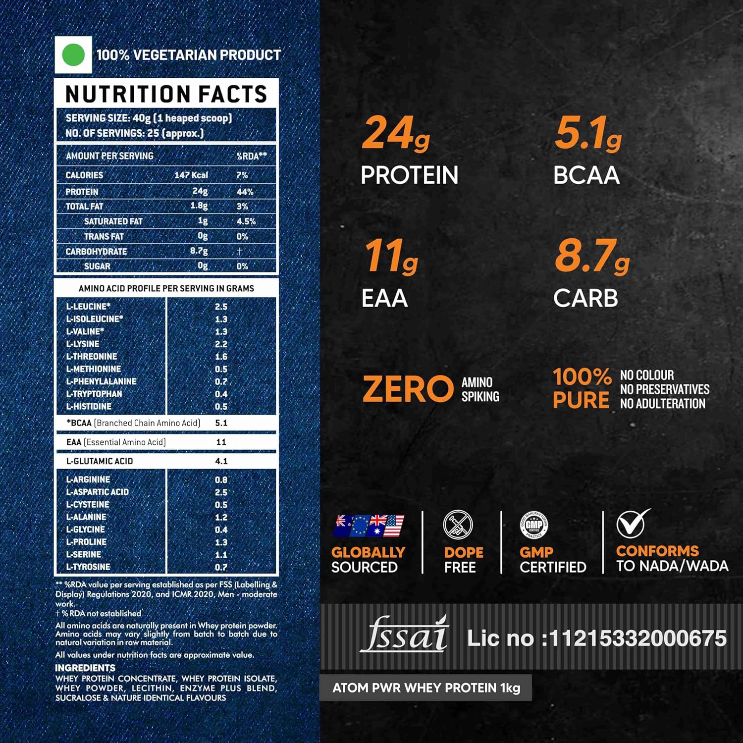 AS-IT-IS ATOM PWR Whey Protein with Enzymes, 24g Protein, 11g EAA, Lean Muscle Gains & Rapid Recovery, Easy Digest, 1Kg Kesar Kulfi