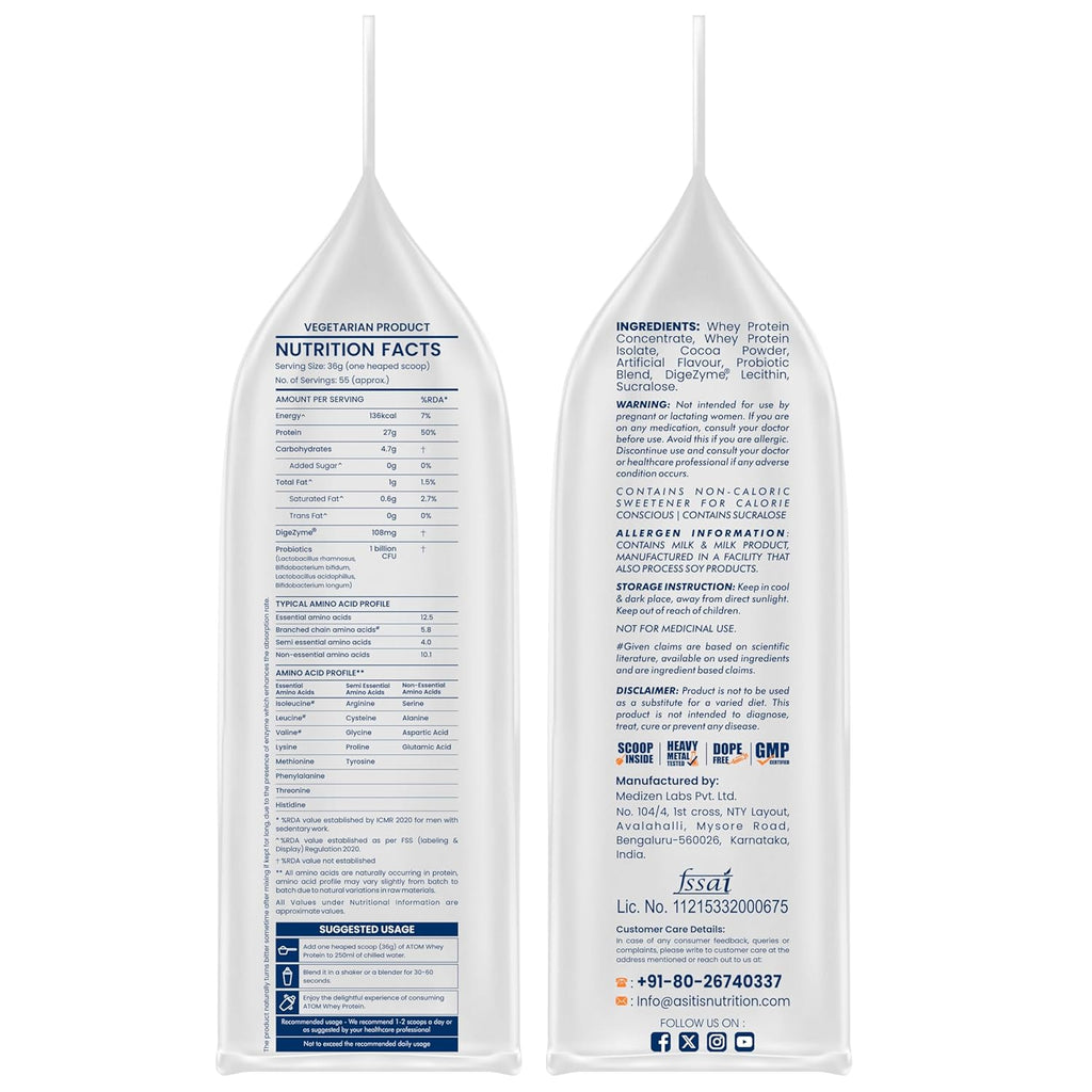 AS-IT-IS ATOM Whey Protein 2kg | 27g protein | Isolate & Concentrate | Double Rich Chocolate | USA Labdoor Certified | With Digestive Enzymes for better absorption