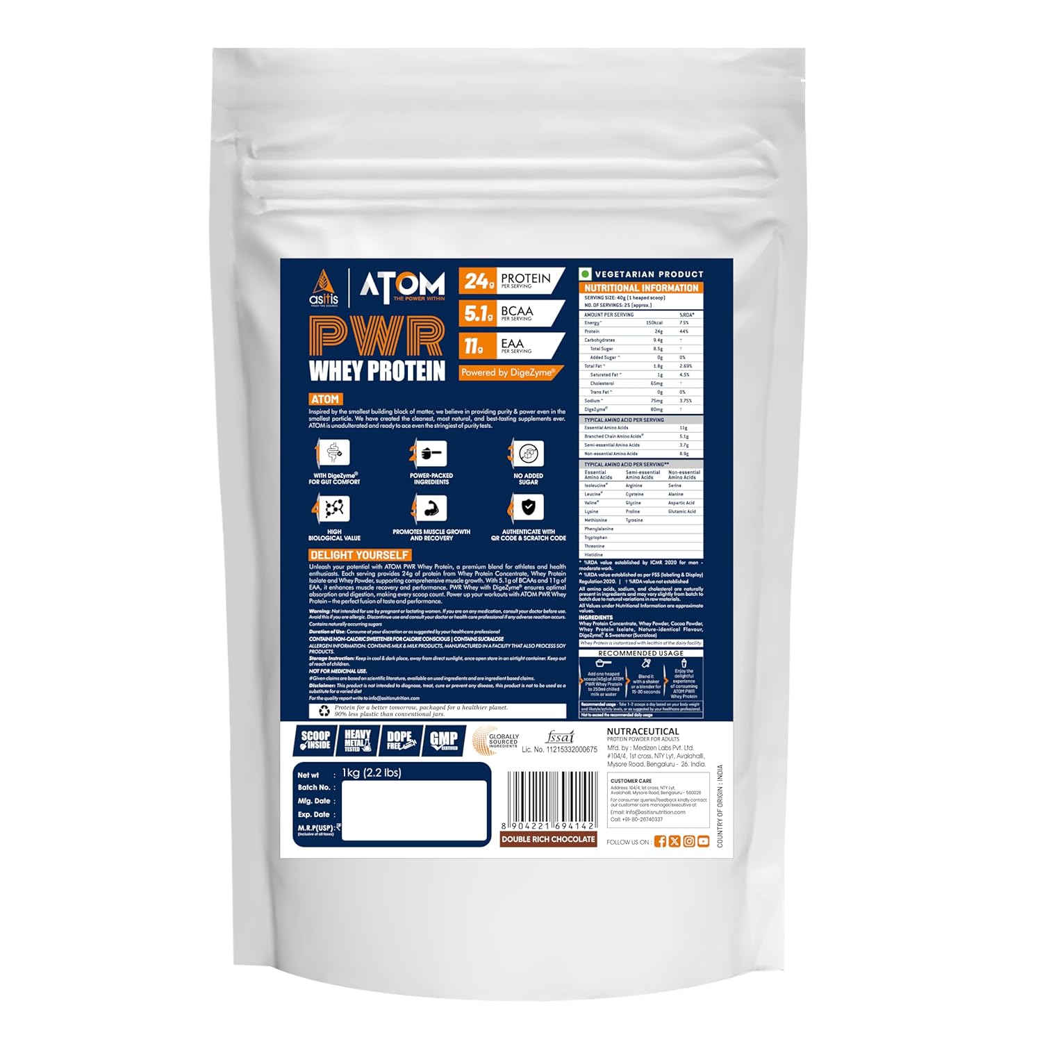 AS-IT-IS ATOM PWR Whey Protein with Enzymes, 24g Protein, 11g EAA, Lean Muscle Gains & Rapid Recovery, Easy Digest, 1Kg Double Rich Chocolate