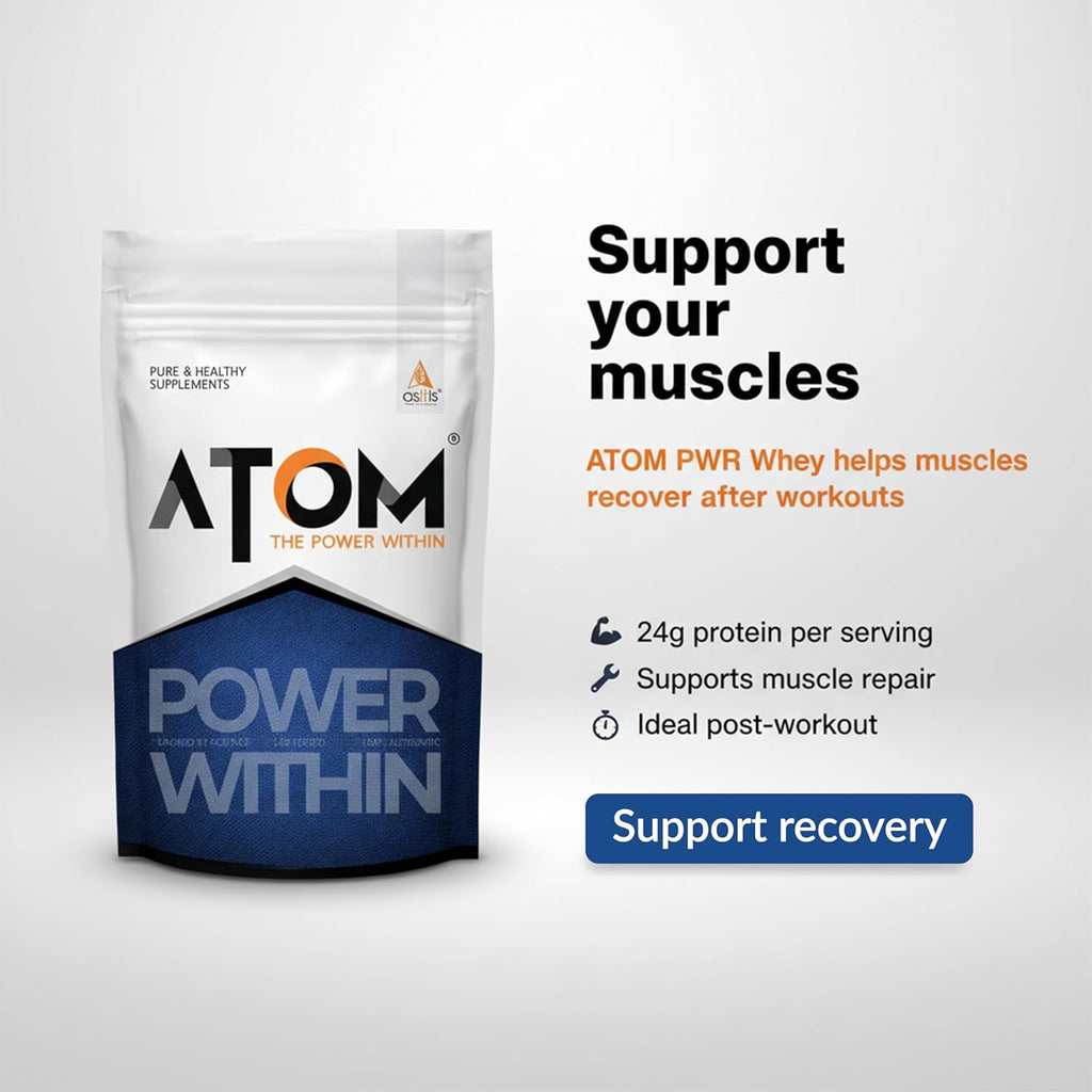 AS-IT-IS ATOM PWR Whey Protein with Enzymes, 24g Protein, 11g EAA, Lean Muscle Gains & Rapid Recovery, Easy Digest, 1Kg Double Rich Chocolate