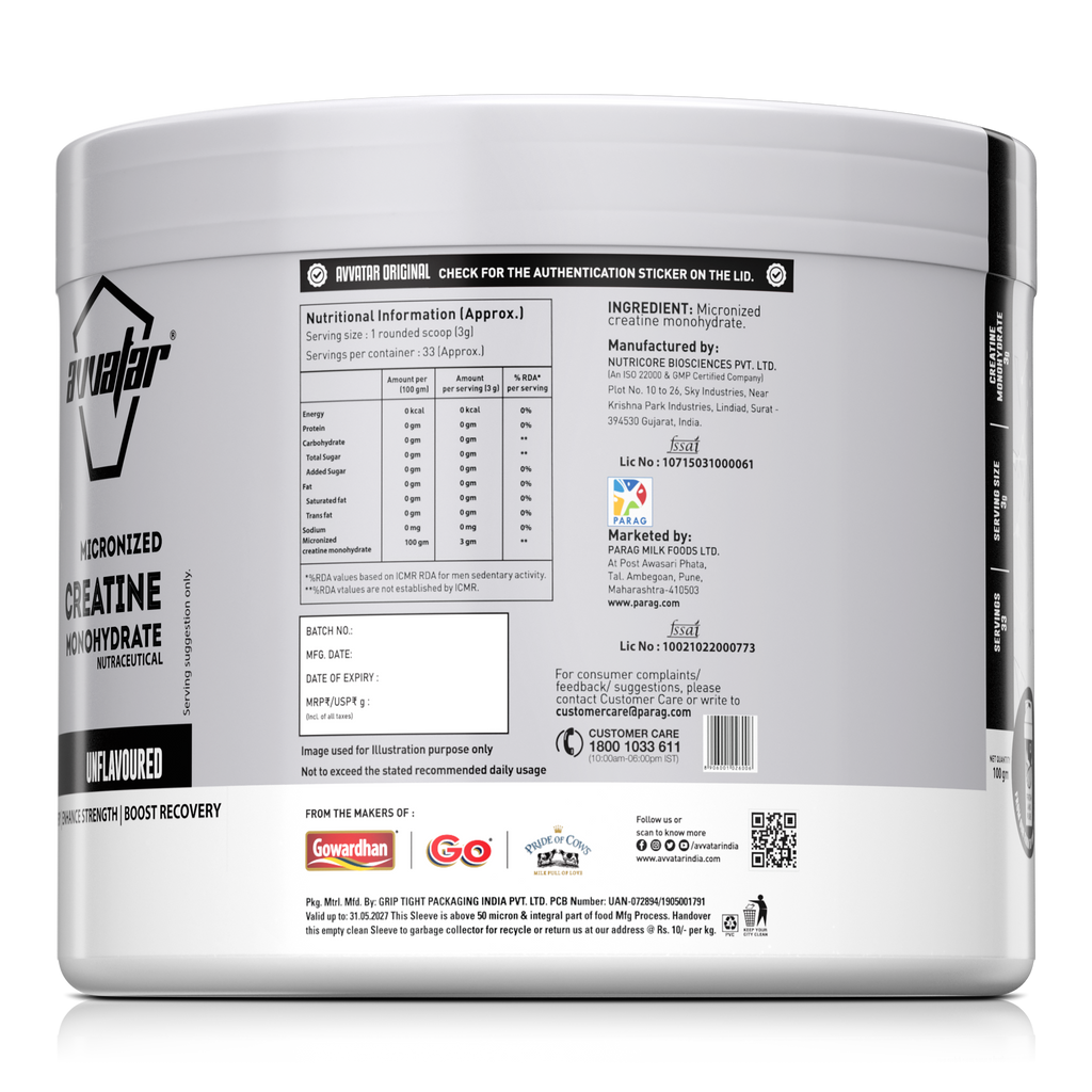 Avvatar Creatine Monohydrate | 100G | Unflavoured