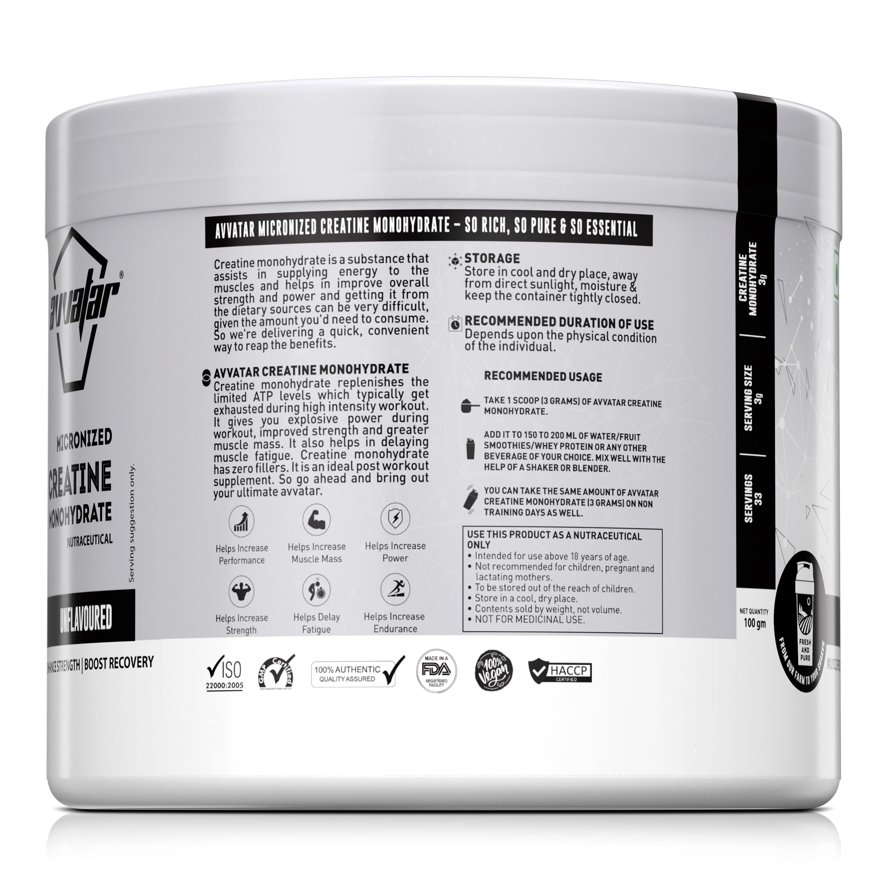Avvatar Creatine Monohydrate | 100G | Unflavoured