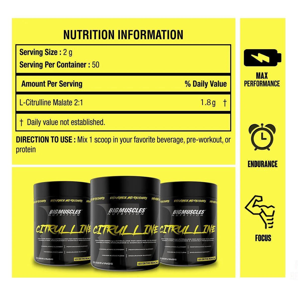 BIGMUSCLES NUTRITION Citrulline Malate [50 Servings] Pre Workout Enhance Muscle Pumps EAA (Essential Amino Acids) (100 g, Sex on the beach)