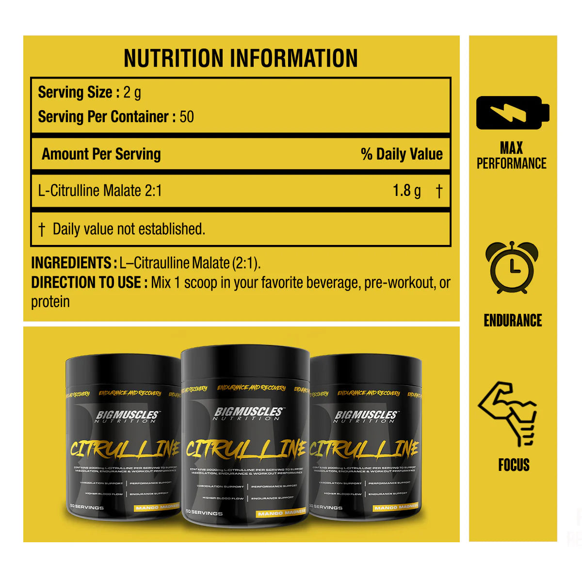 BIGMUSCLES NUTRITION Citrulline Malate [50 Servings] Pre Workout Enhance Muscle Pumps EAA (Essential Amino Acids) (100 g, Mango Madness)