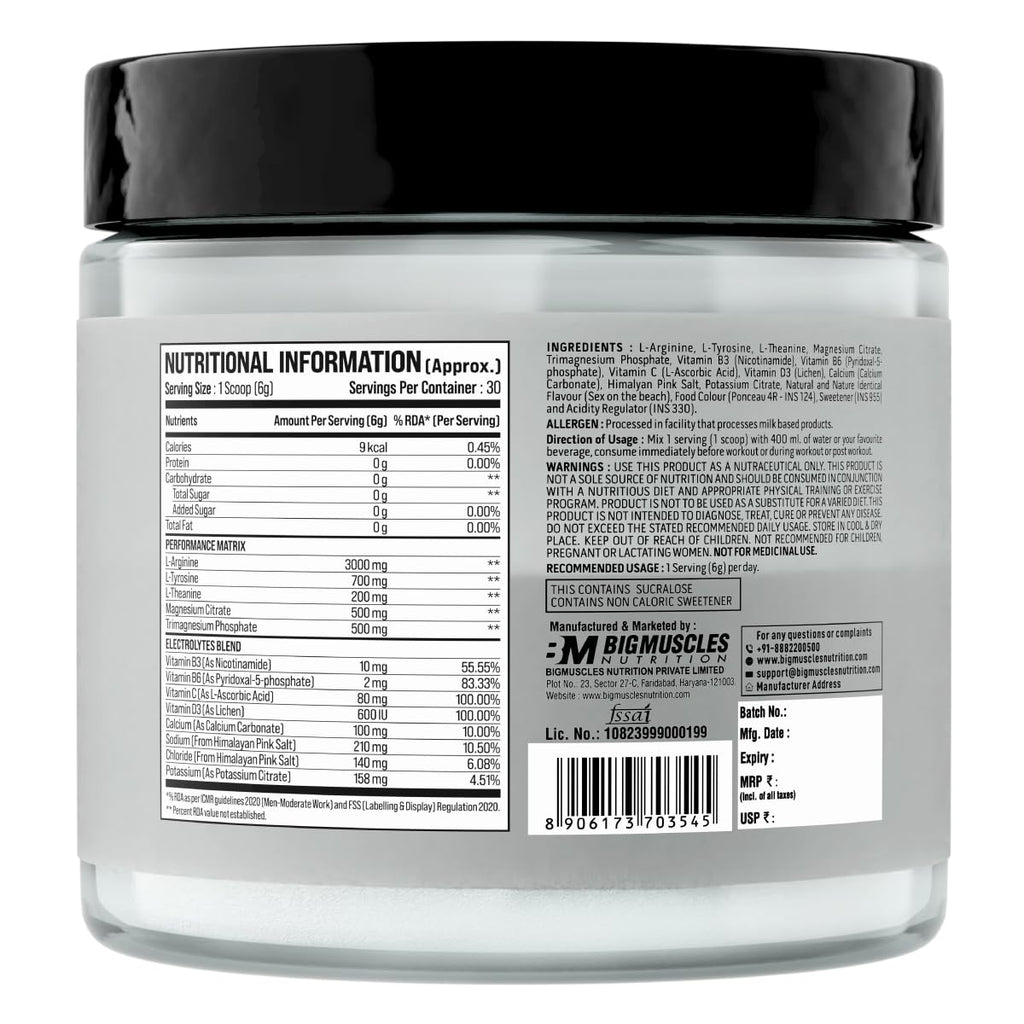 Bigmuscles Nutrition L-Arginine + Peptides [180g, Blueberry] | Arginine Powder with Superior Grade Magnesium, Electrolytes, Tyrosine & Vitamin D3