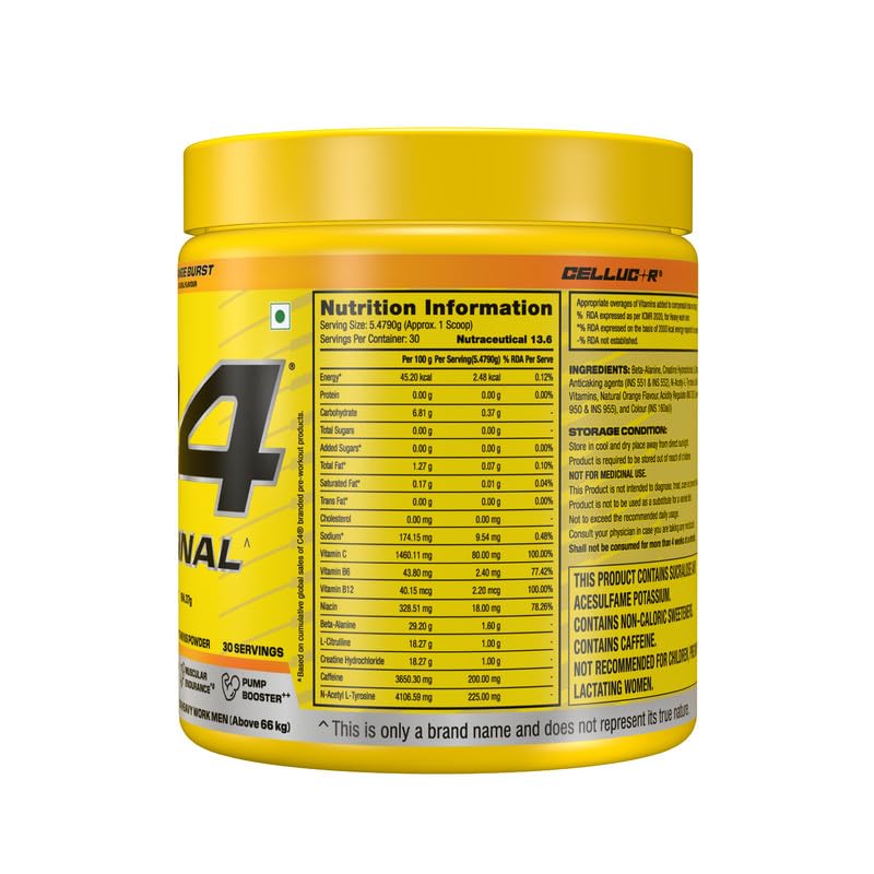 Cellucor C4 Original Pre-Workout Powder for Men & Women | With L-Citrulline And Caffeine With Vitamin Powers - Orange Burst, 30 servings, 164gm