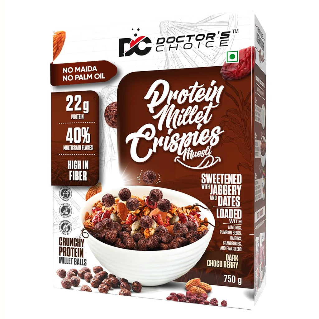 DC DOCTORS CHOICE High Protein Multigrain Muesli|22 Gm Protein|No Maida|No Palm Oil|Jaggery Sweetened Fiber-Rich|Preservative-Free|Healthy Crunchy Treat|750 Gram|dark choco berry|1 Count