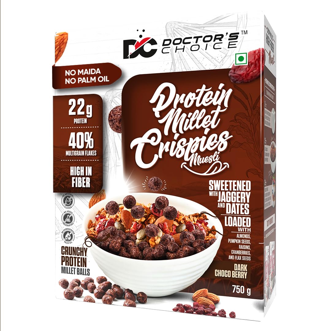 DC DOCTORS CHOICE High Protein Multigrain Muesli|22 Gm Protein|No Maida|No Palm Oil|Jaggery Sweetened Fiber-Rich|Preservative-Free|Healthy Crunchy Treat|750 Gram|dark choco berry|1 Count