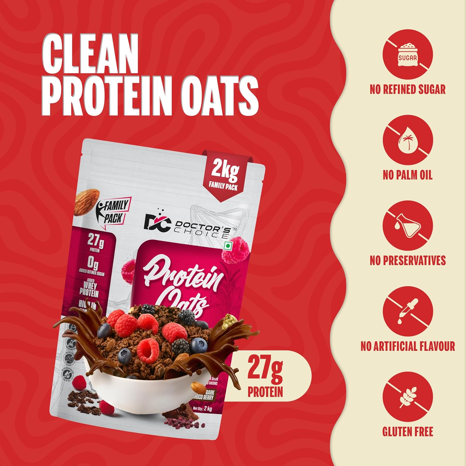 DOCTORS CHOICE Oats, High Protein Oats, 27g Pure Protein Breakfast Cereals, Jaggery Sweetened, Rich in Fiber, No Additives and 0g Sugar 2 Kg, Dark Choco Berry