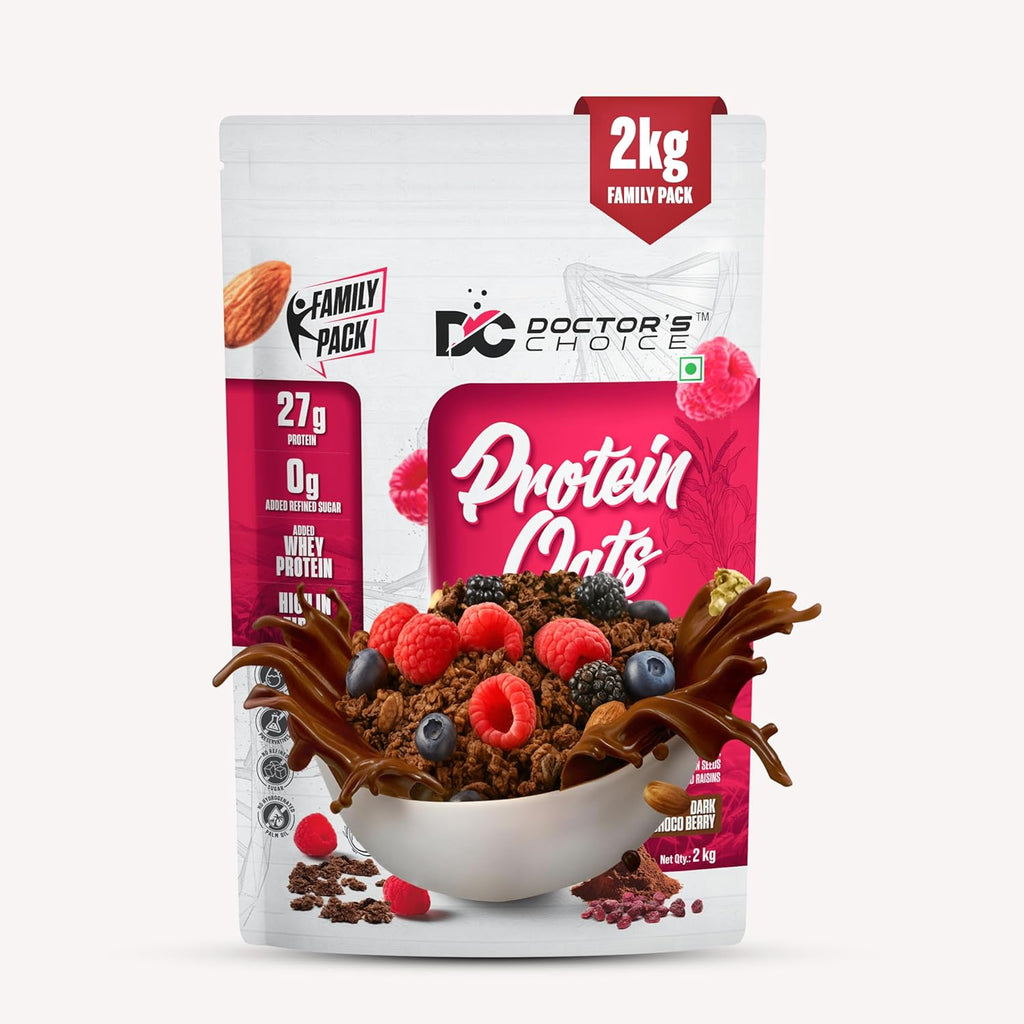 DOCTORS CHOICE Oats, High Protein Oats, 27g Pure Protein Breakfast Cereals, Jaggery Sweetened, Rich in Fiber, No Additives and 0g Sugar 2 Kg, Dark Choco Berry