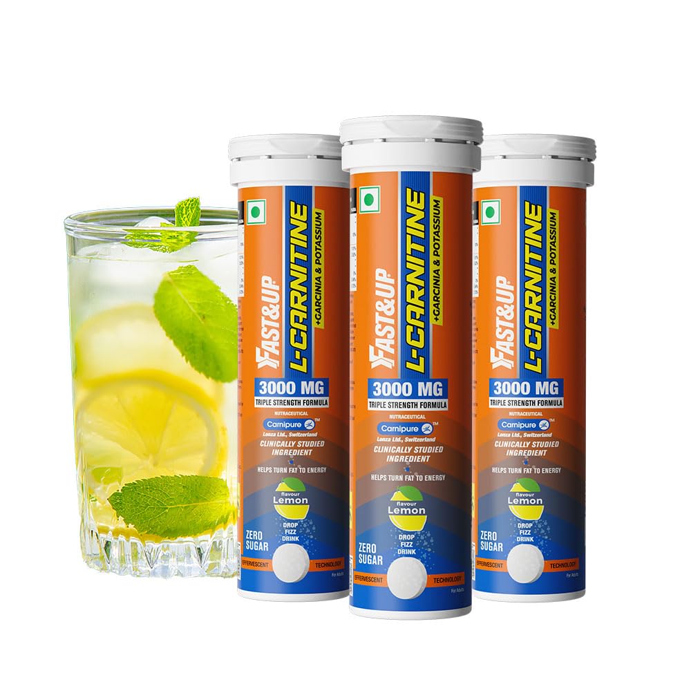 Fast&Up L Carnitine tartrate 3000mg Effervescent Tablets | Triple Action L Carnitine Supplement with Garcinia Cambogia & Potassium | Fat Burner for Weight Loss, Energy & Lean Body | Lemon Flavour, 10 Tabs (Pack of 3)