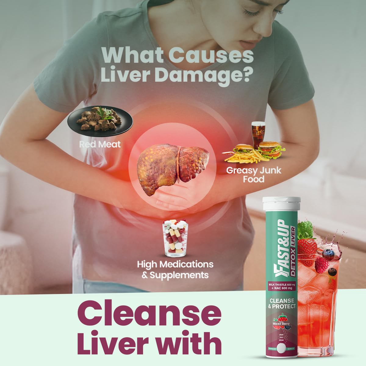 Fast&Up Liver Detox - Daily Liver Cleanser Drink | Milk Thistle + NAC | Helps Improve Digestion & Reduces Load on Liver - 20 Tablets - Mixed Berry Flavour