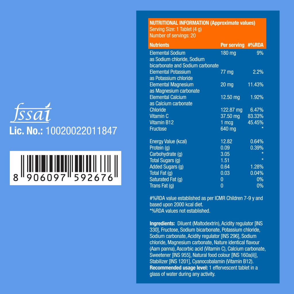 Fast&Up Reload (5 Litres) Low Sugar energy drink for Instant Hydration - 20 Effervescent Tablets with all 5 Essential Electrolytes + Added Vitamins - Certified Electrolytes Drink - Aam Panna flavour