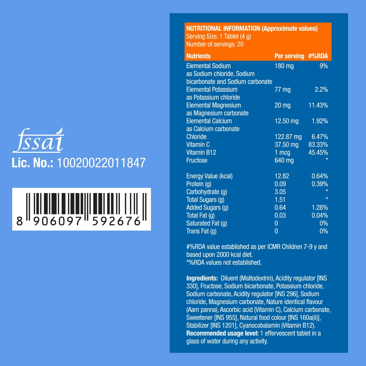 Fast&Up Reload (5 Litres) Low Sugar energy drink for Instant Hydration - 20 Effervescent Tablets with all 5 Essential Electrolytes + Added Vitamins - Certified Electrolytes Drink - Aam Panna flavour