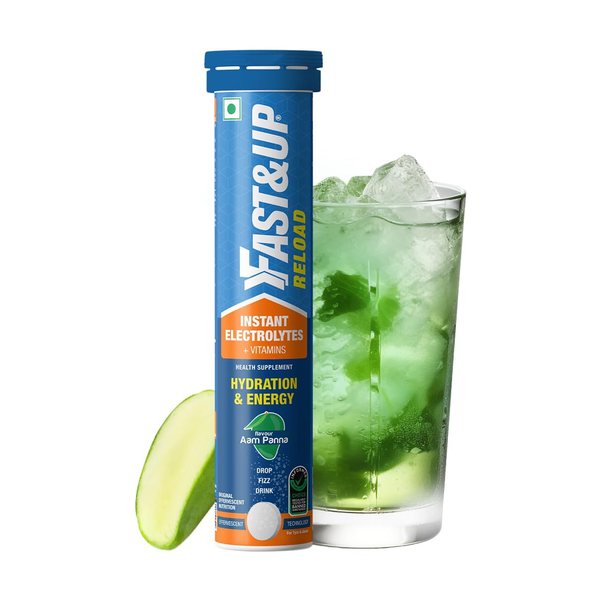 Fast&Up Reload (5 Litres) Low Sugar energy drink for Instant Hydration - 20 Effervescent Tablets with all 5 Essential Electrolytes + Added Vitamins - Certified Electrolytes Drink - Aam Panna flavour