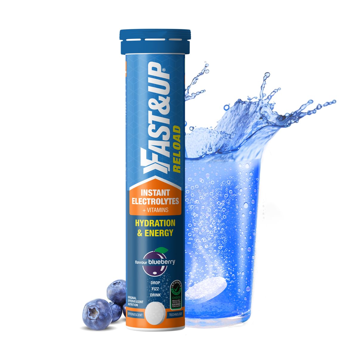 Fast&Up Reload (5 Litres) Low Sugar energy drink for Instant Hydration - 20 Effervescent Tablets with all 5 Essential Electrolytes + Added Vitamins - Certified Electrolytes Drink - Blueberry flavour