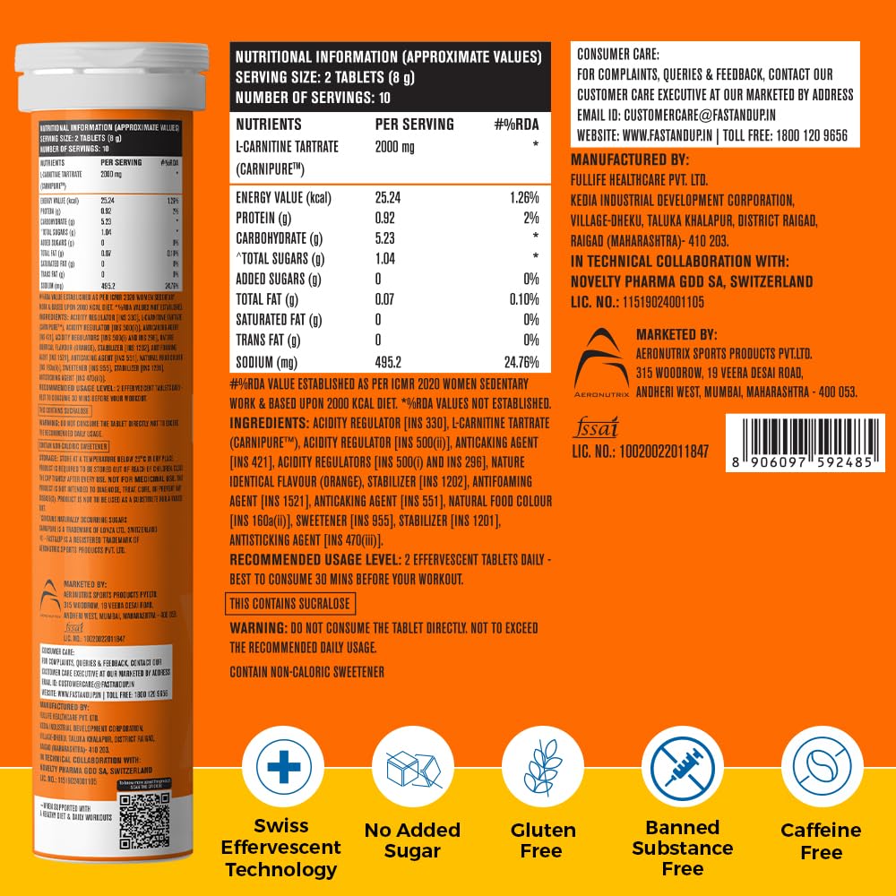 FAST&UP L-Carnitine 2000Mg Effervescent Tablets|Premium Carnipure® Carnitine Supplement|Helps Convert Fat Into Energy, Supports Weight Loss, Fat Burn & Lean Muscle|Orange Flavour, 20 Tabs (Pack of 1)