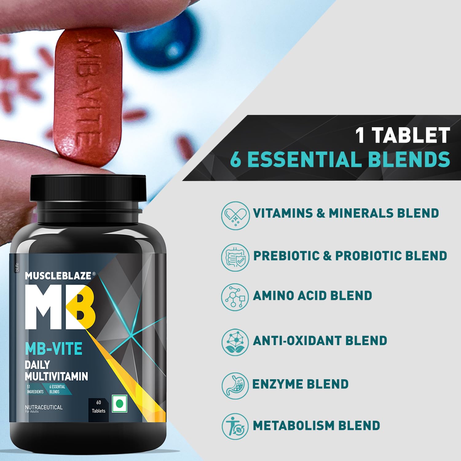 MuscleBlaze MB-Vite Daily Multivitamin (60 Tablets) | With 51 Ingredients & 6 Blends, Vitamins & Minerals, Prebiotic & Probiotics, Amino Acid Blends | For Energy, Stamina & Recovery