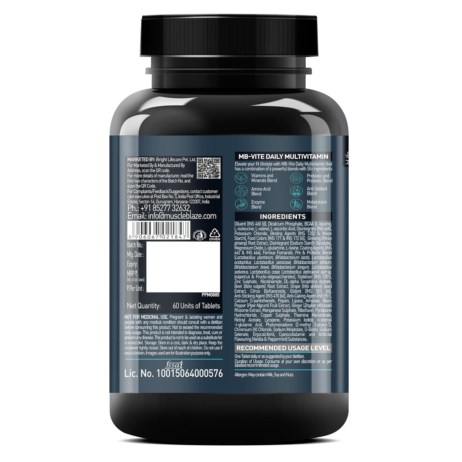 MuscleBlaze MB-Vite Daily Multivitamin (60 Tablets) | With 51 Ingredients & 6 Blends, Vitamins & Minerals, Prebiotic & Probiotics, Amino Acid Blends | For Energy, Stamina & Recovery