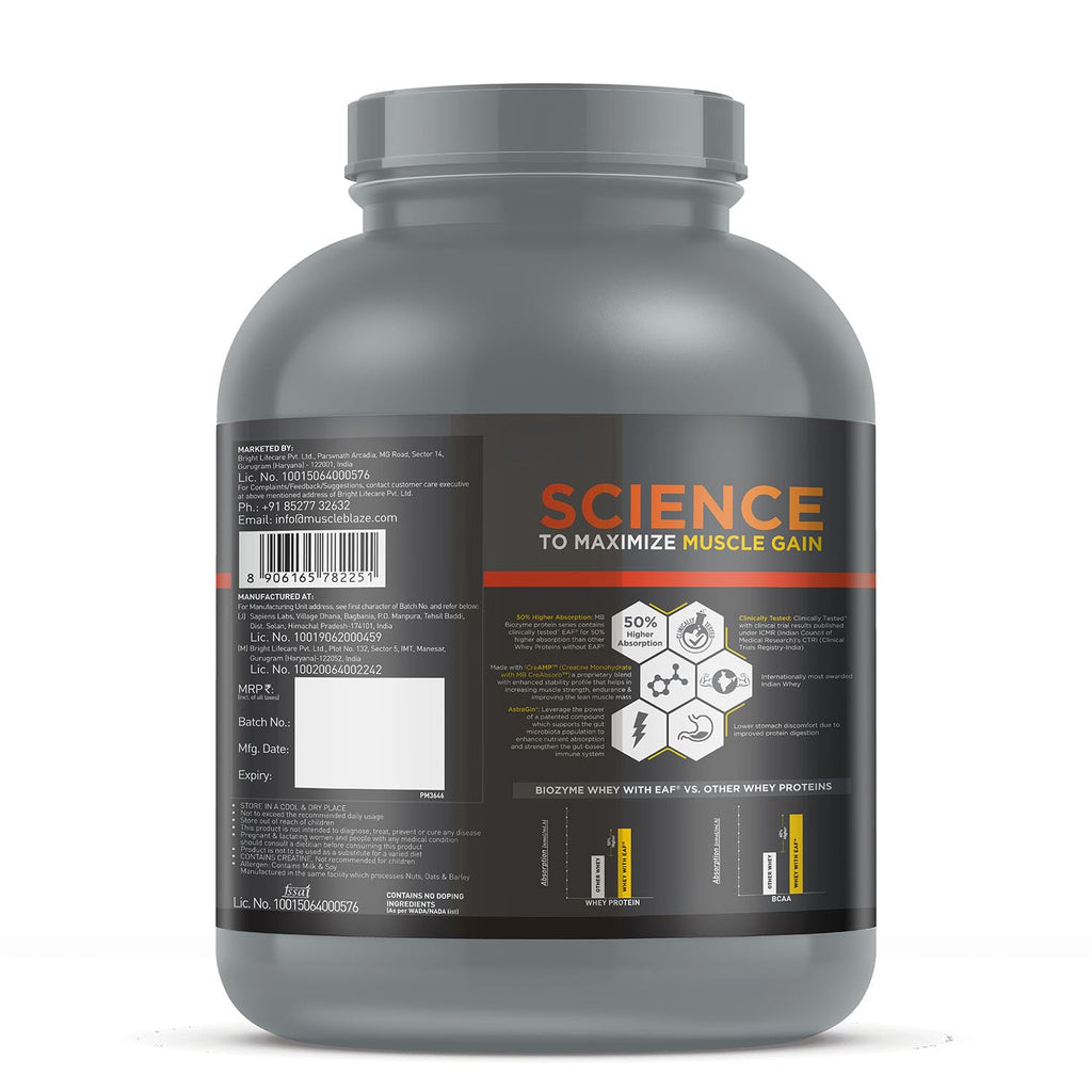 MuscleBlaze Biozyme Whey Protein PR Powder with 30g Protein, 3g Creatine Monohydrate & 50mg AstraGin (Chocolate Fudge, 2kg / 4.4lbs) | Trustified Gold Certified
