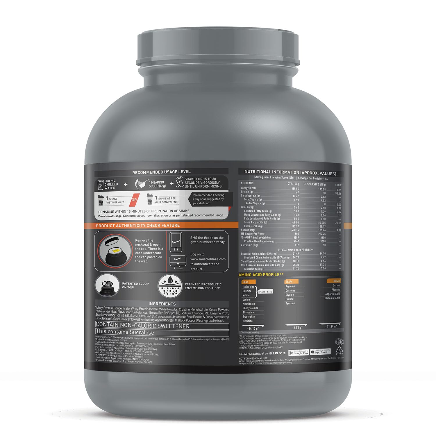 MuscleBlaze Biozyme Whey Protein PR Powder with 30g Protein, 3g Creatine Monohydrate & 50mg AstraGin (Chocolate Fudge, 2kg / 4.4lbs) | Trustified Gold Certified