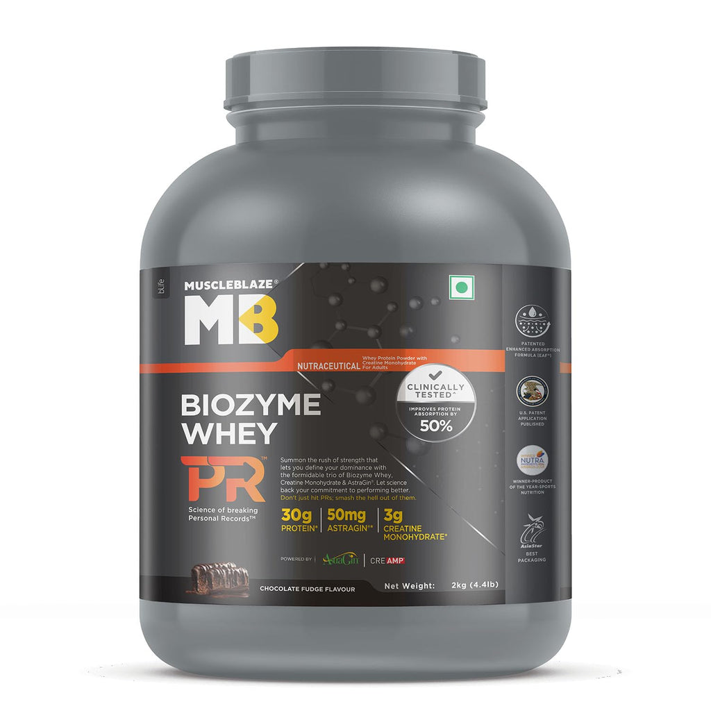 MuscleBlaze Biozyme Whey Protein PR Powder with 30g Protein, 3g Creatine Monohydrate & 50mg AstraGin (Chocolate Fudge, 2kg / 4.4lbs) | Trustified Gold Certified